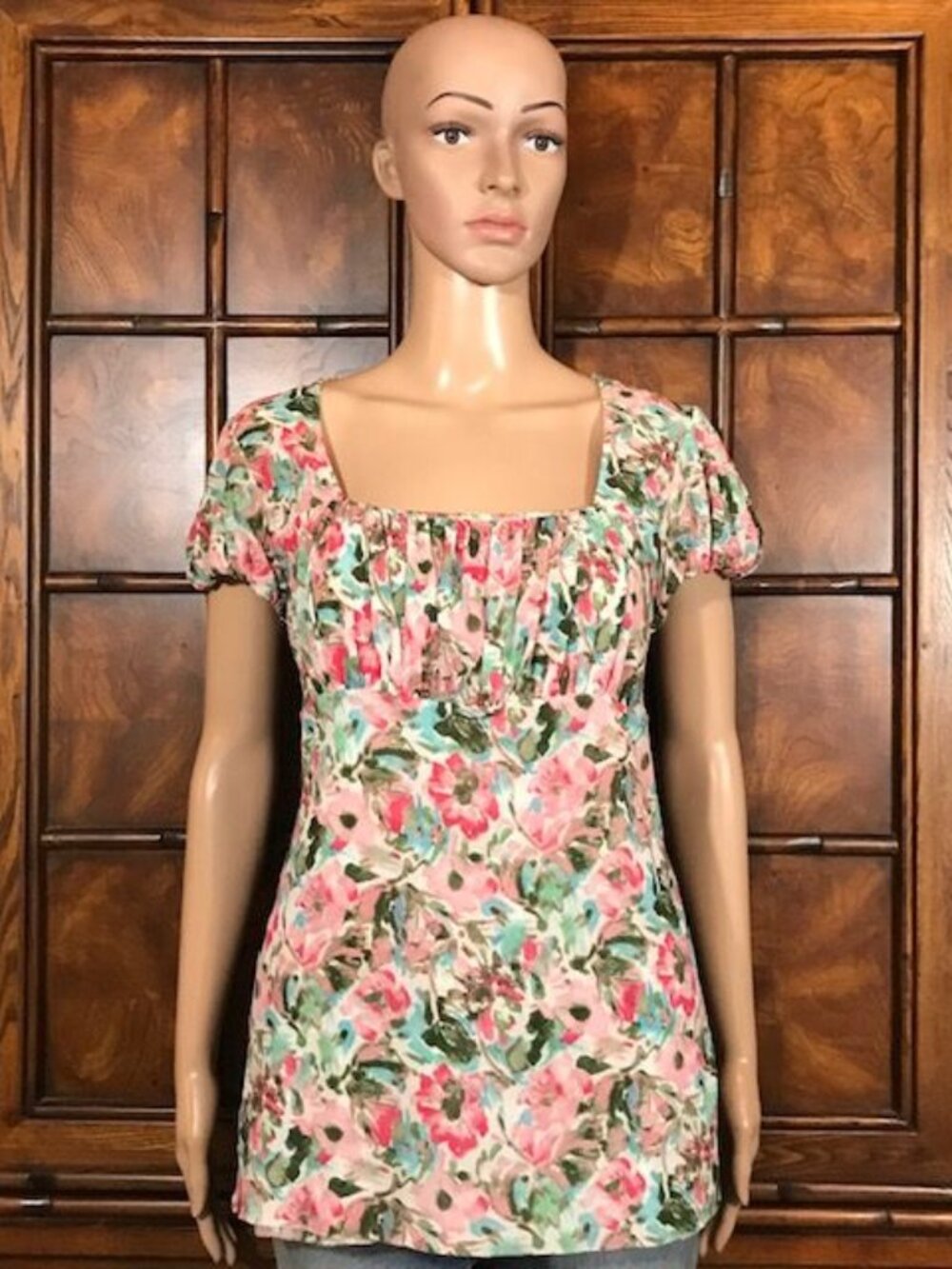 Ann Taylor LOFT English Garden Square Neck Ruched Top Puff Short Sleeve Top